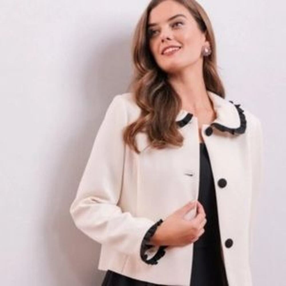 Gal Meets Glam Kendall Long Sleeve Cropped Jacket White Black Women's Size 14